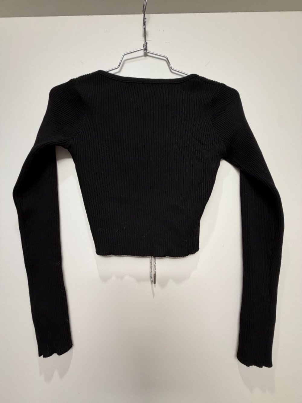 Black Ribbed Crop Top w/ Rhinestone Drawstring - Picture 2 of 3
